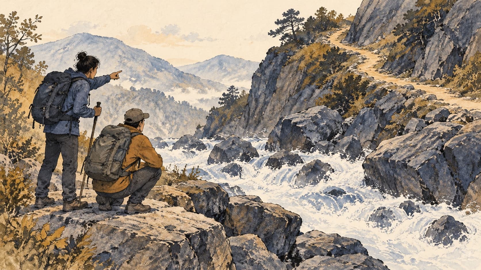 Two hikers pause beside a rushing stream and look toward another path.
