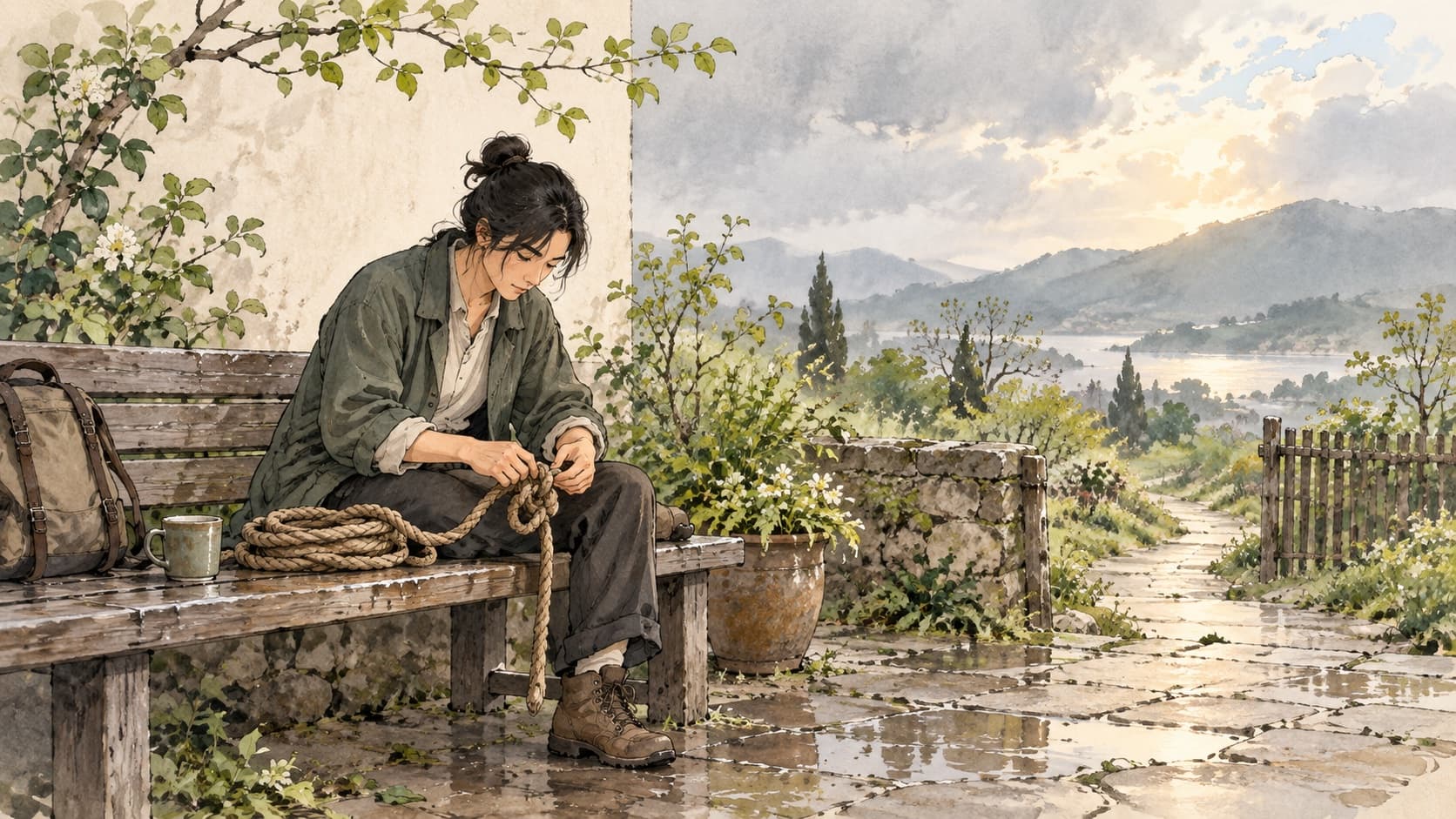 A traveler loosens a rope knot on a bench beside an open garden path after rain.
