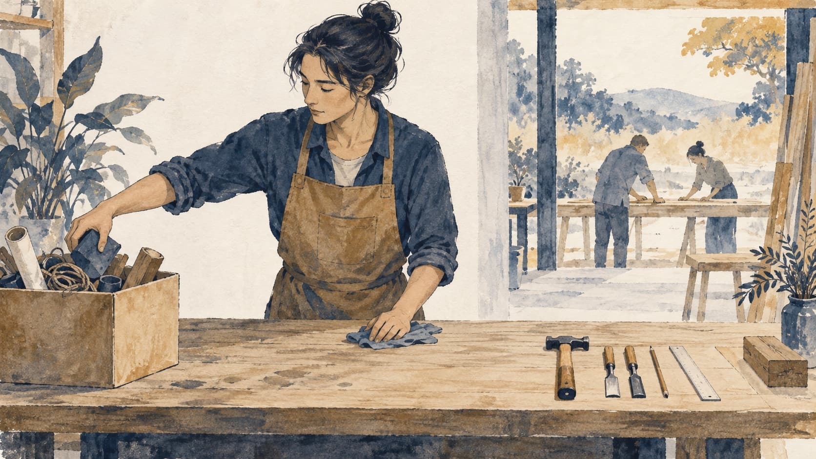 An adult clears a workbench while leaving a small group of useful tools.