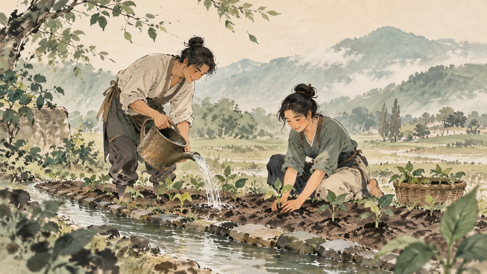 Two gardeners water and support seedlings beside an irrigation channel.