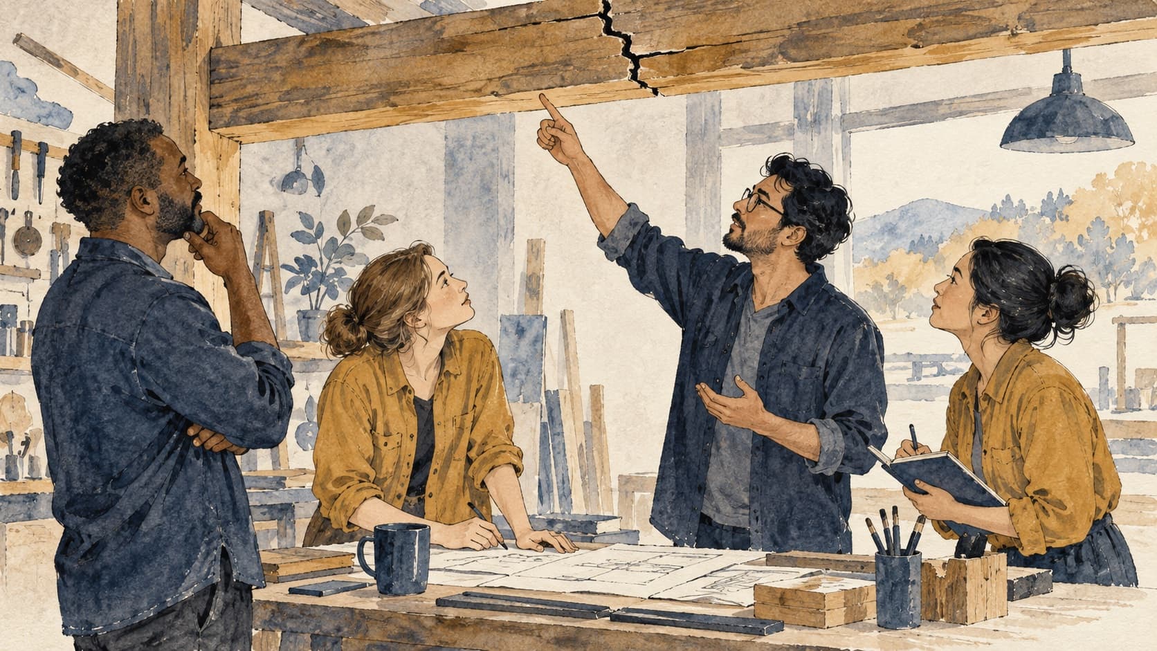 Four adults discuss a visible crack in a workshop beam.