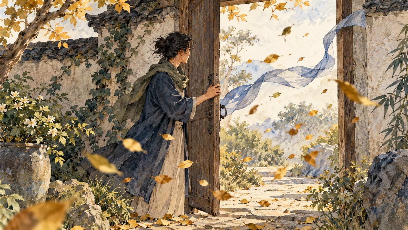 An adult holds a garden gate while wind carries leaves and a ribbon through the doorway.