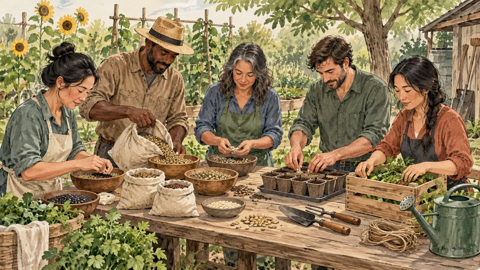 Five adults gather around a garden table with seeds and tools for a shared task.