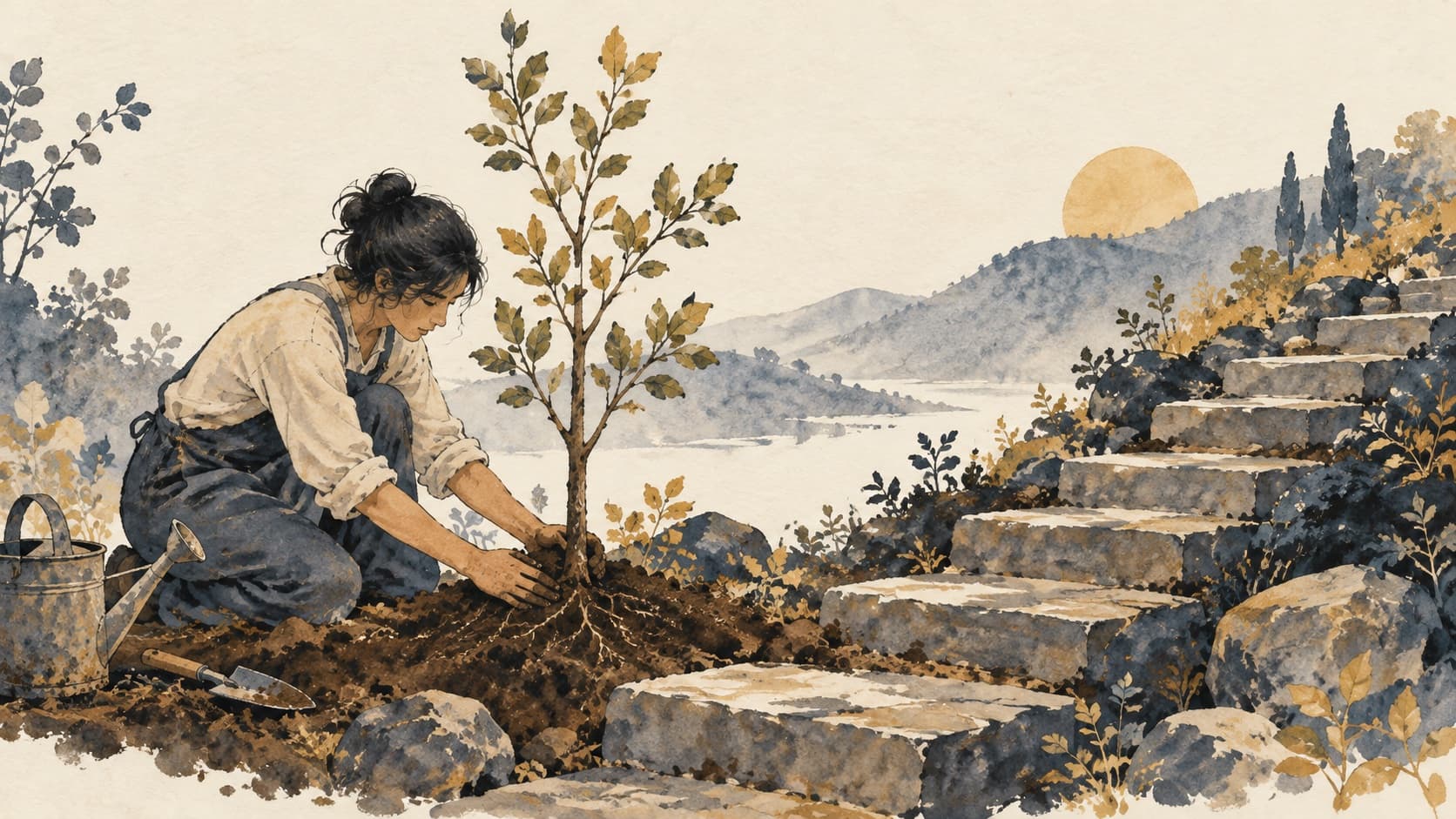 A gardener tends a young tree beside a series of stone steps.
