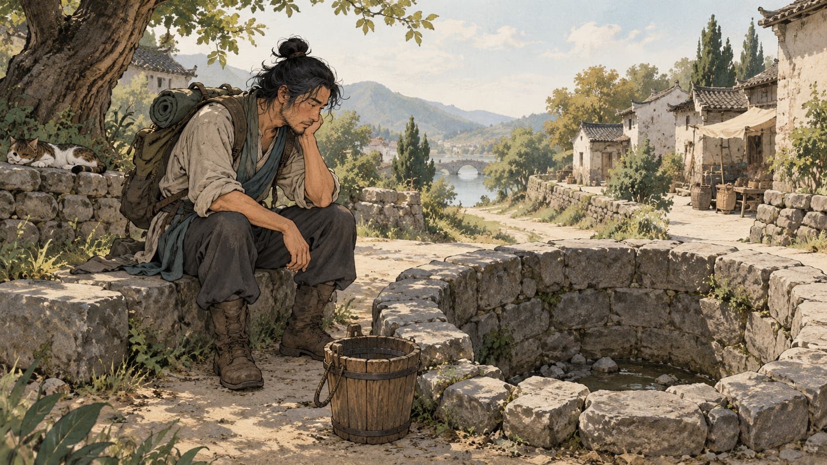 An adult traveler rests beside a nearly dry stone well.
