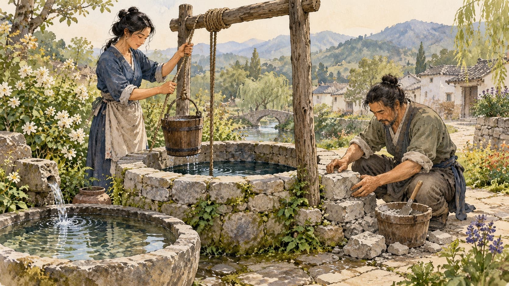 Two adults maintain a stone well, checking the bucket and repairing the rim.