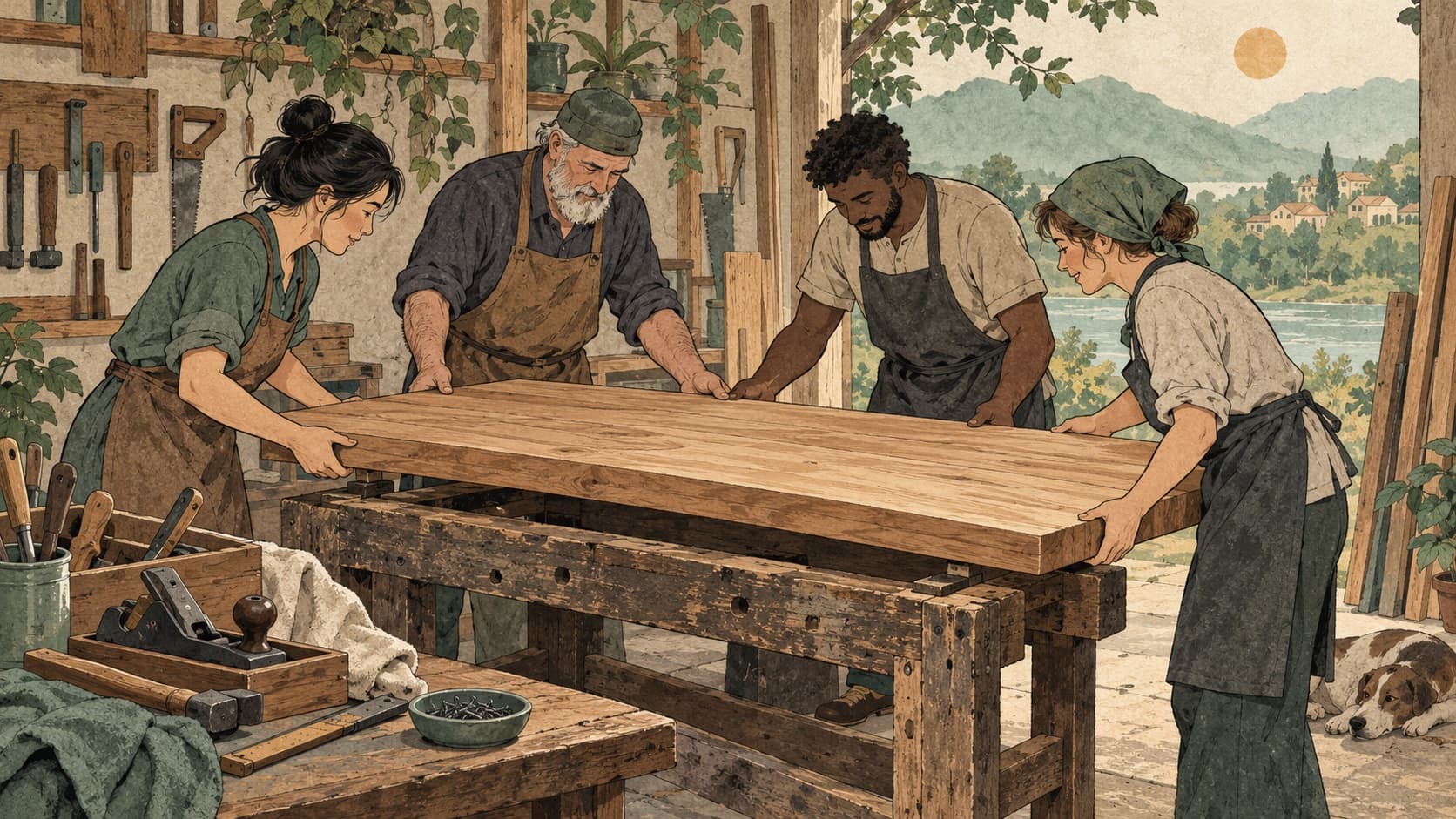 Four adults fit a new wooden surface onto a shared workbench.