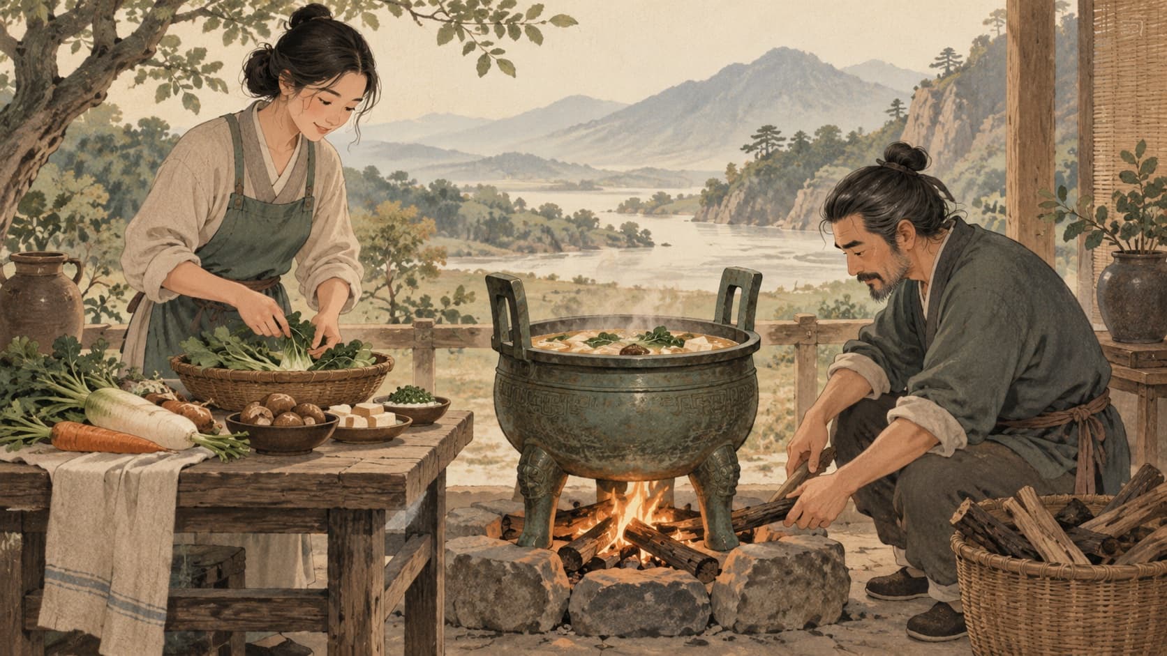 Two adults prepare a meal beside a bronze cauldron on a small hearth.