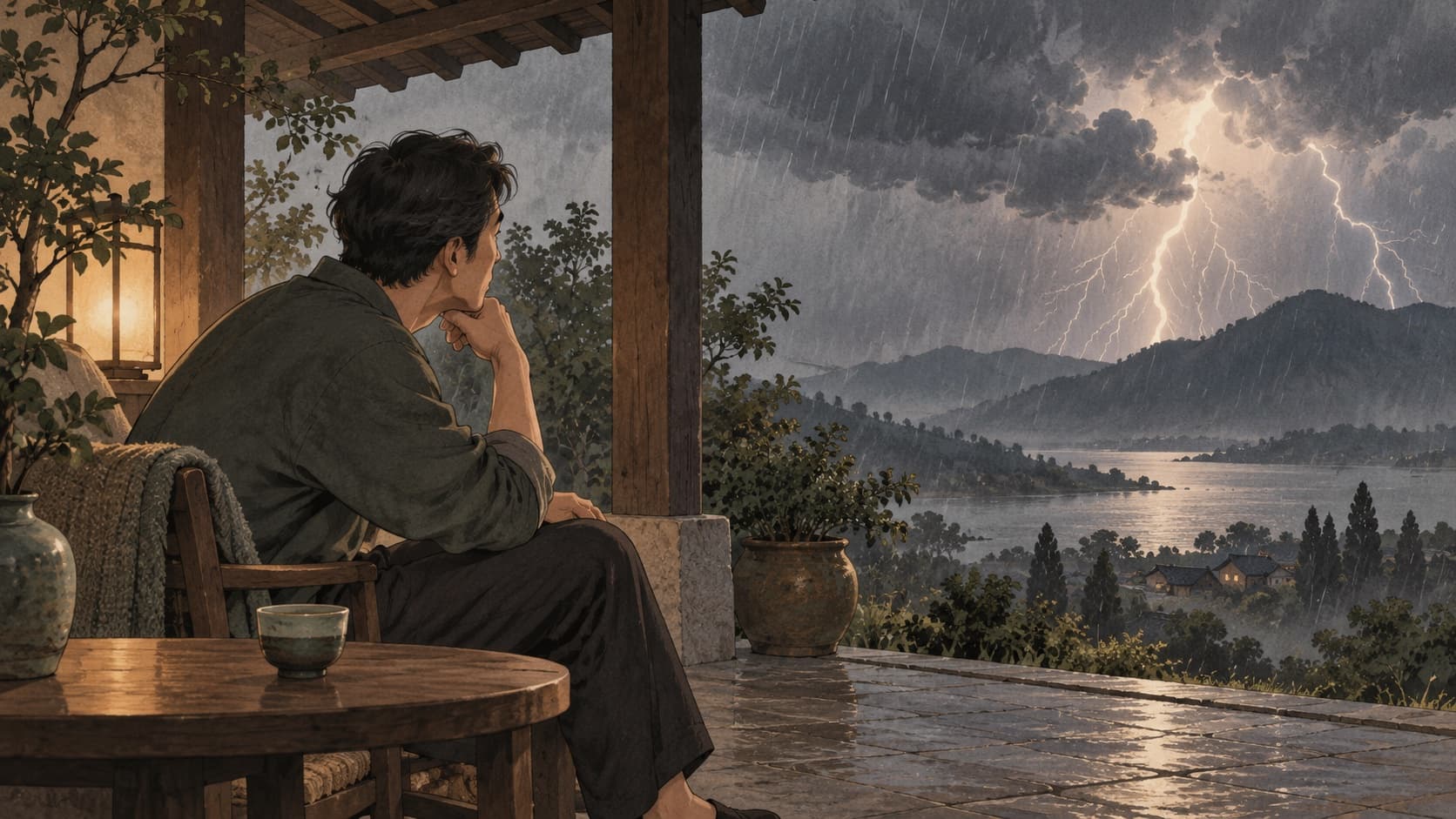 An adult sits under a porch during a distant thunderstorm.