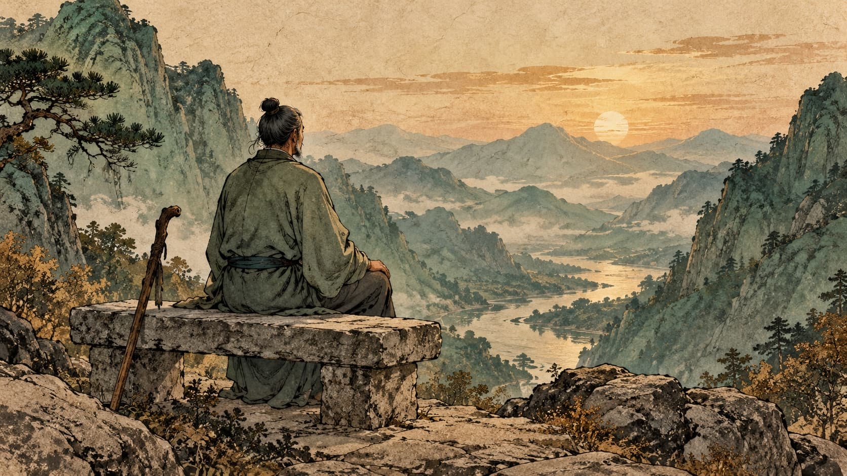 An adult sits on a stone bench between mountain ridges with a walking stick beside the bench.
