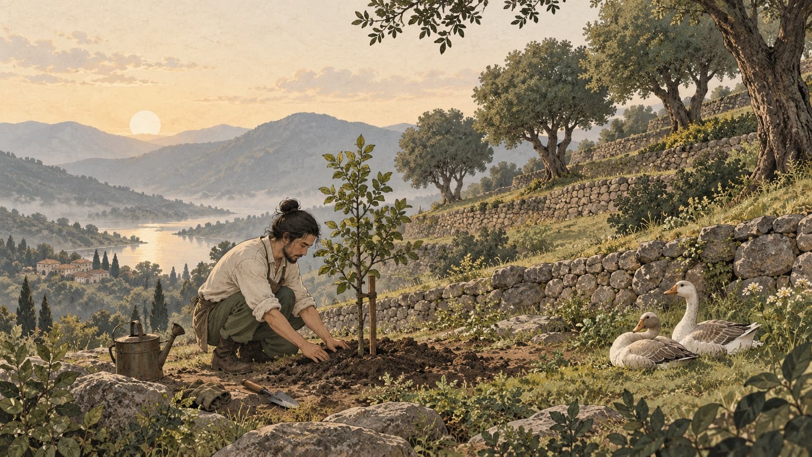 A gardener tends a young tree on a terrace beside two geese.