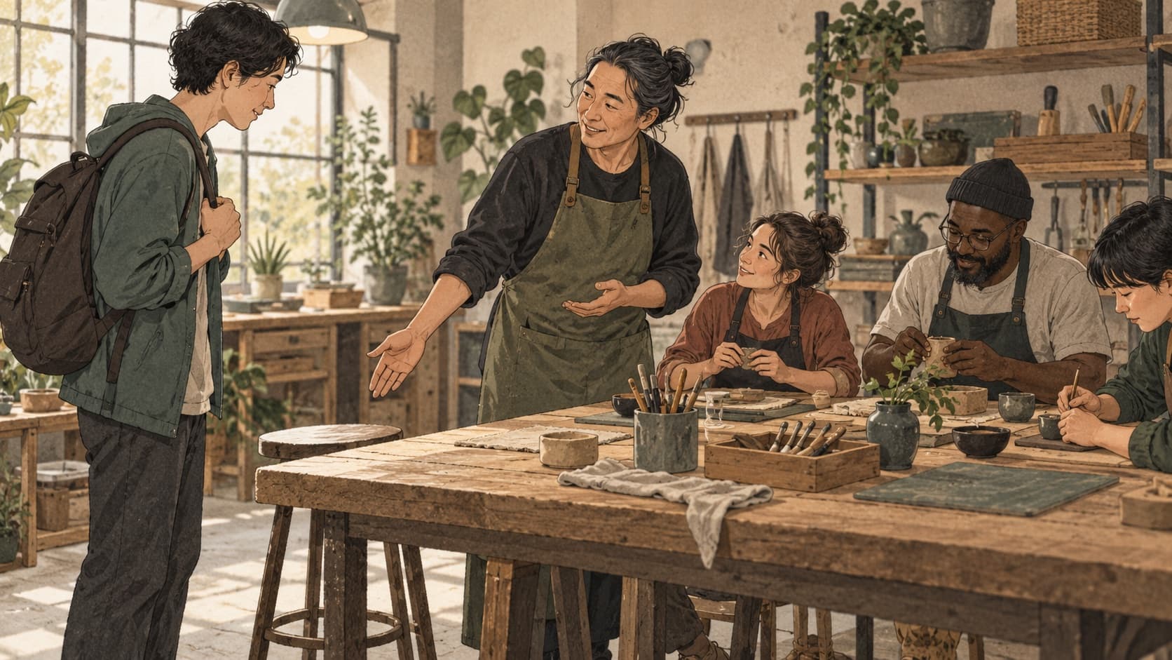 A workshop host indicates a place at a shared worktable to a newcomer.
