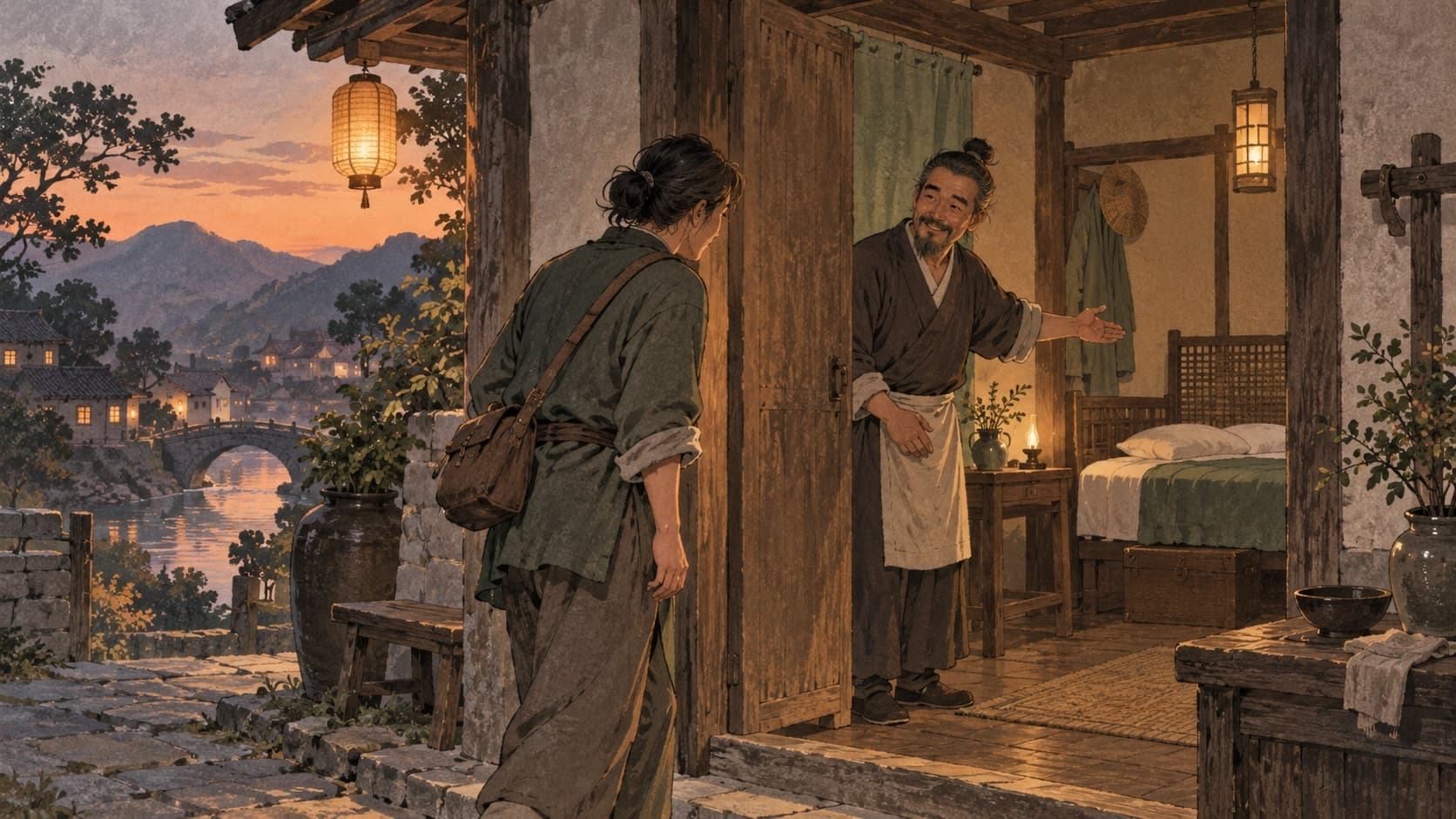 An innkeeper welcomes a traveler into a modest room.