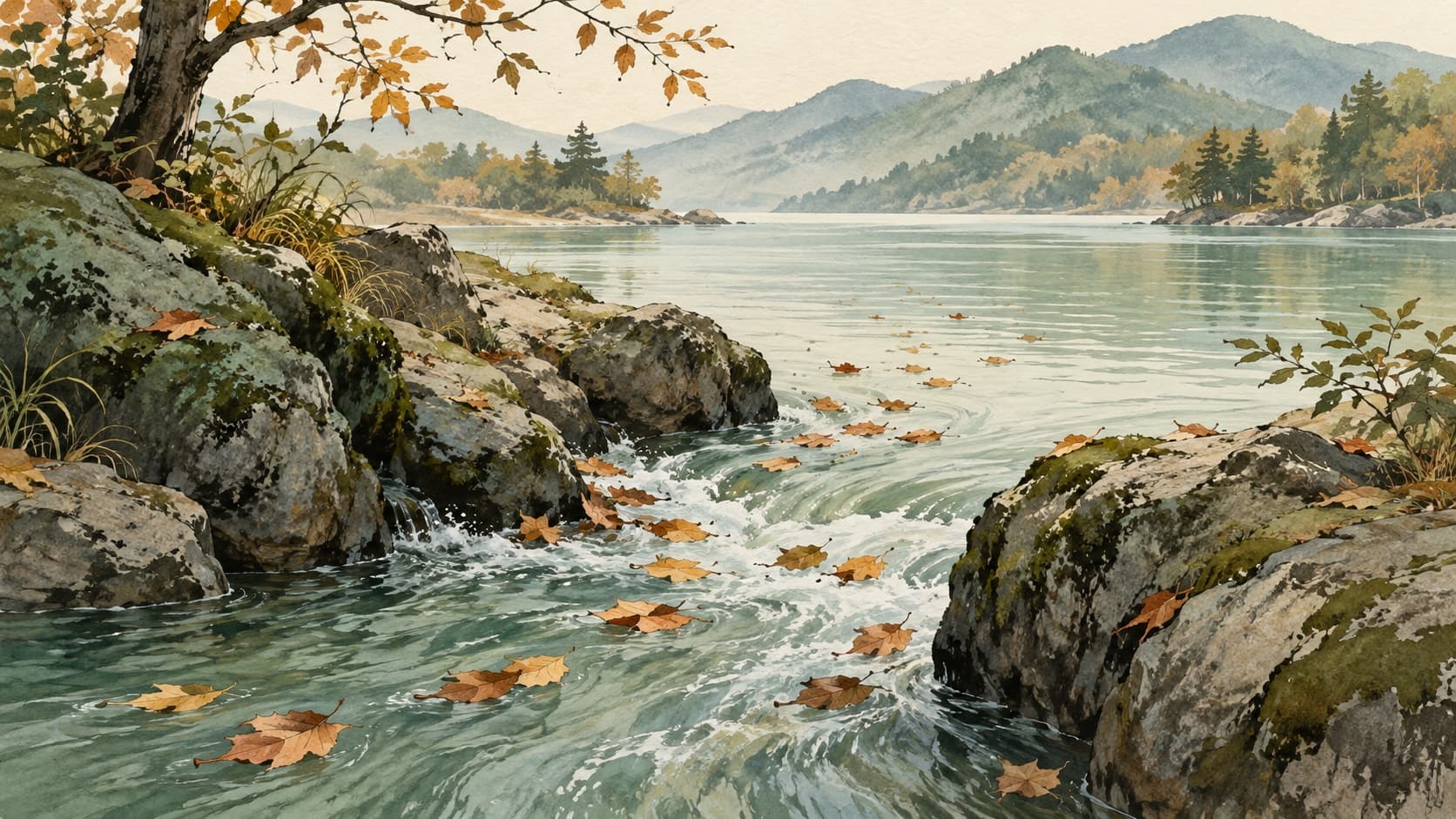 Leaves move along a calm stream through a narrow opening between stones.