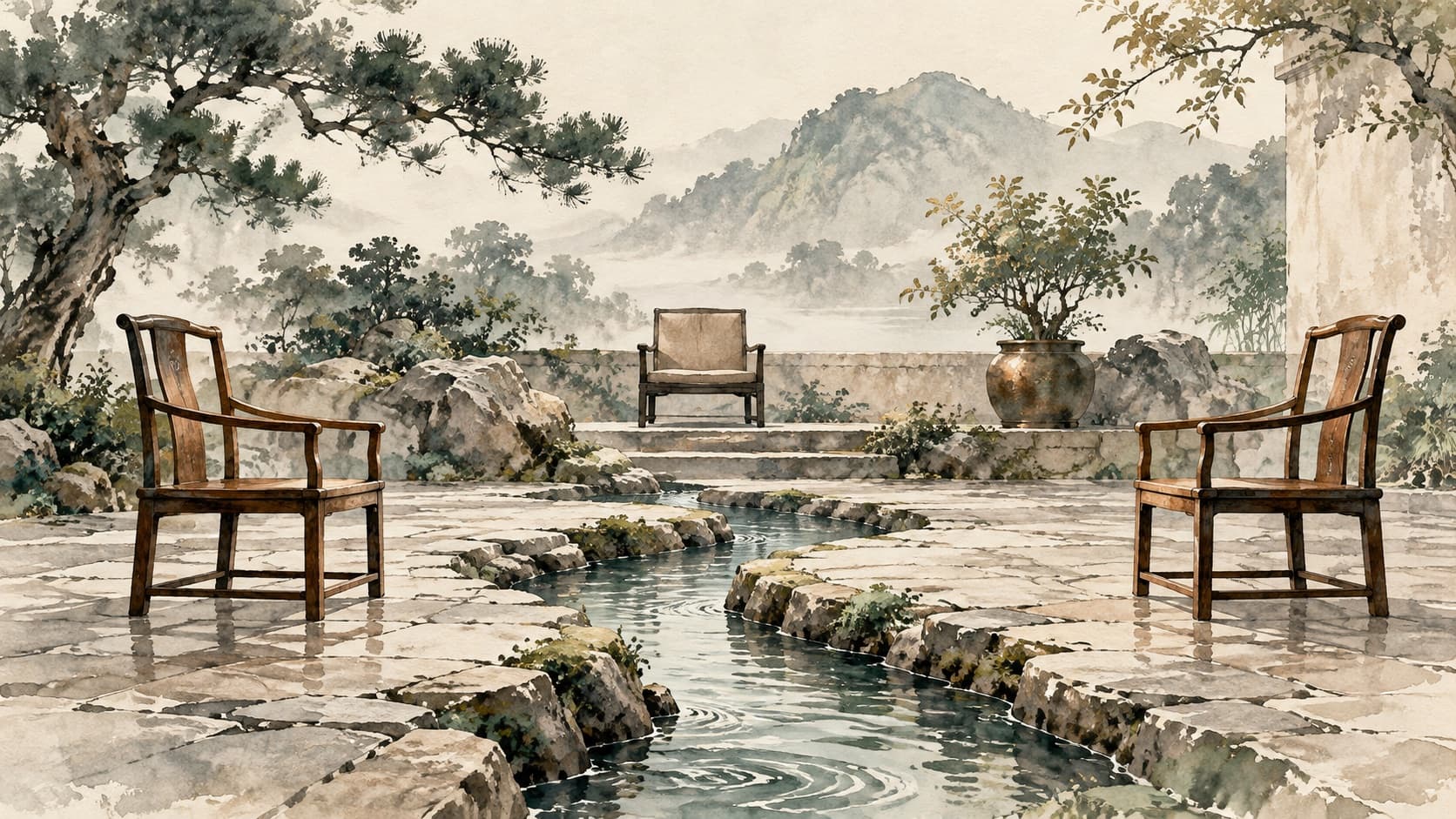 Two facing chairs beside a stream with a neutral third seat behind them.