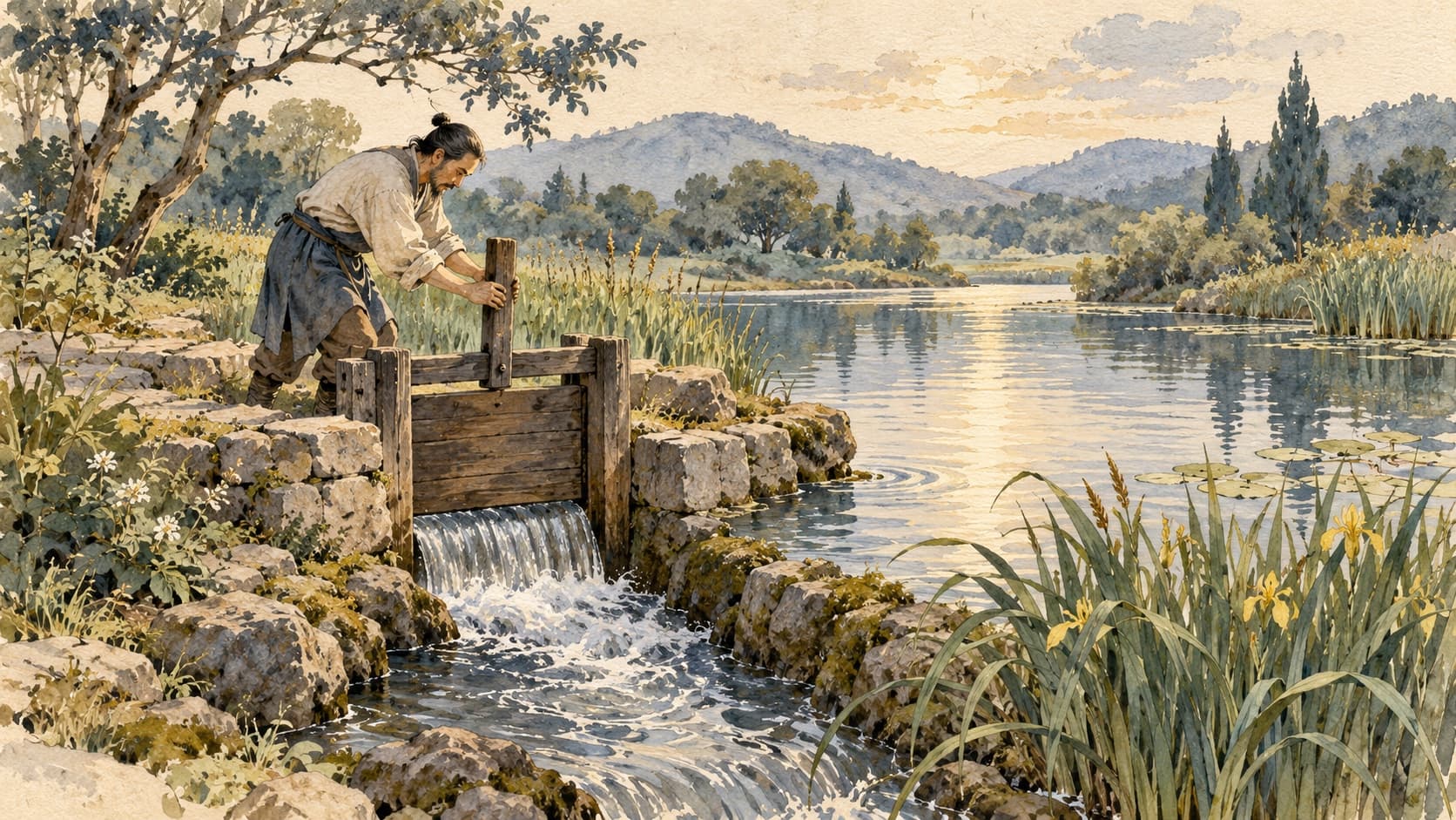 An adult adjusts a small wooden gate regulating water beside a garden pond.