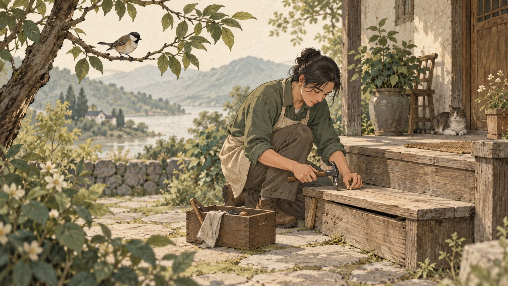 An adult repairs a wooden step beneath a small bird on a branch.