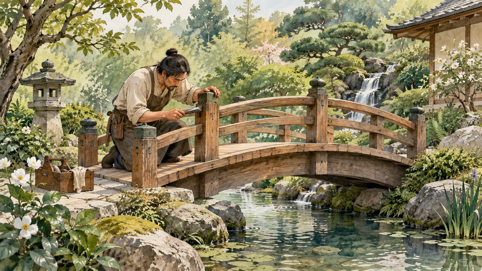 A craftsperson inspects a joint on a completed wooden garden bridge.