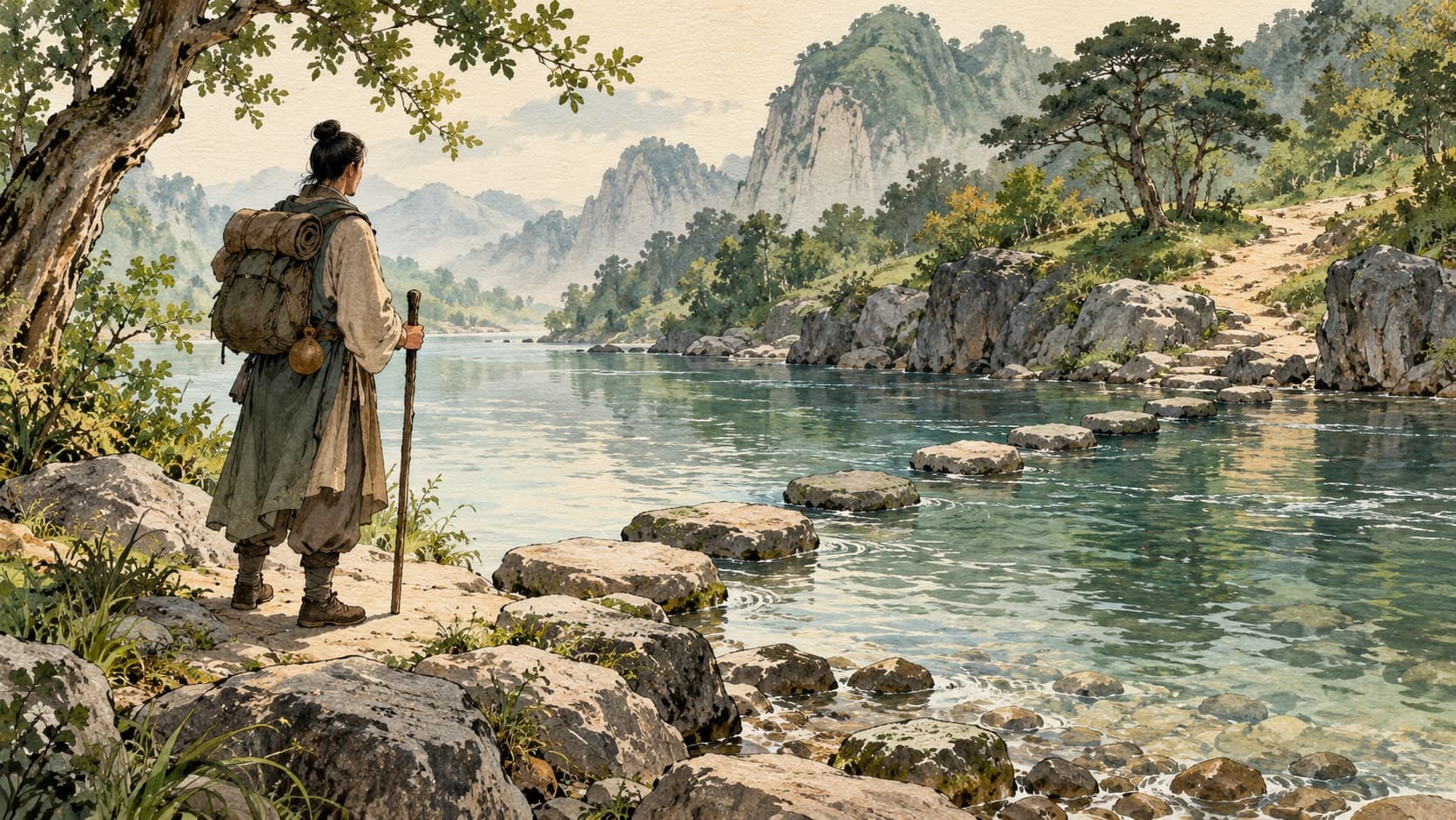 A traveler pauses on a riverbank before stepping stones toward the opposite bank.