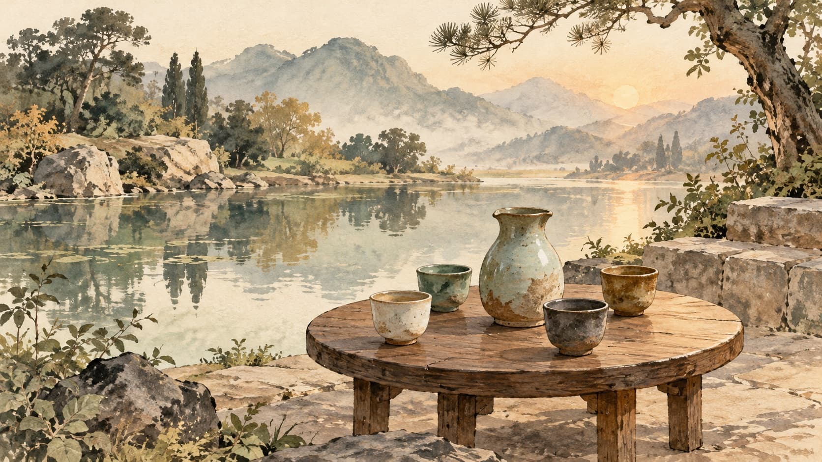 Four distinct cups and a shared water jug on a table beside a quiet pond.
