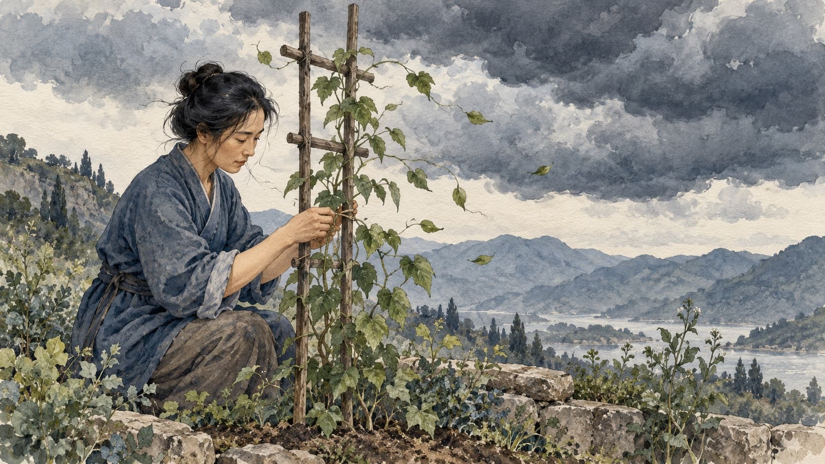 A gardener secures a climbing plant to a light trellis beneath gathering clouds.