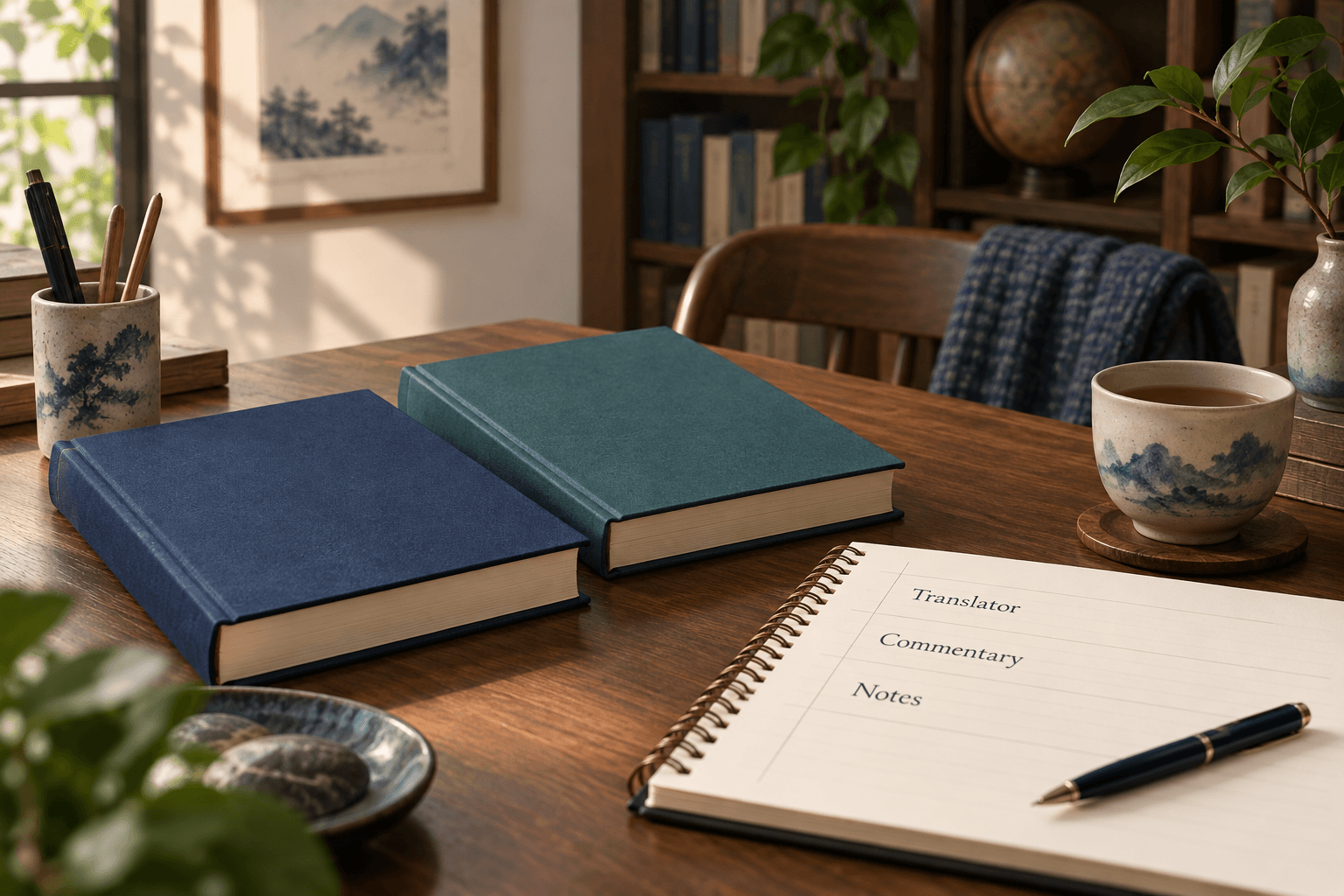 Two unbranded books and a notebook for comparing translator, commentary and notes