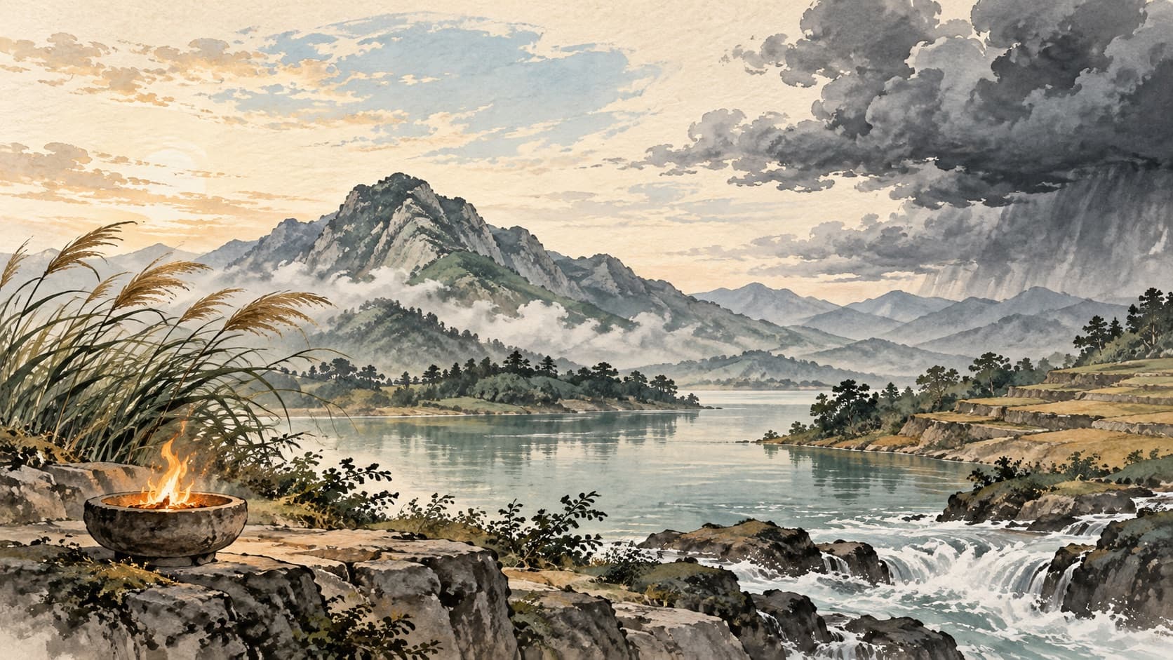 A landscape with sky, mountains, lake, flowing water, earth, wind-bent reeds, fire and distant storm clouds.