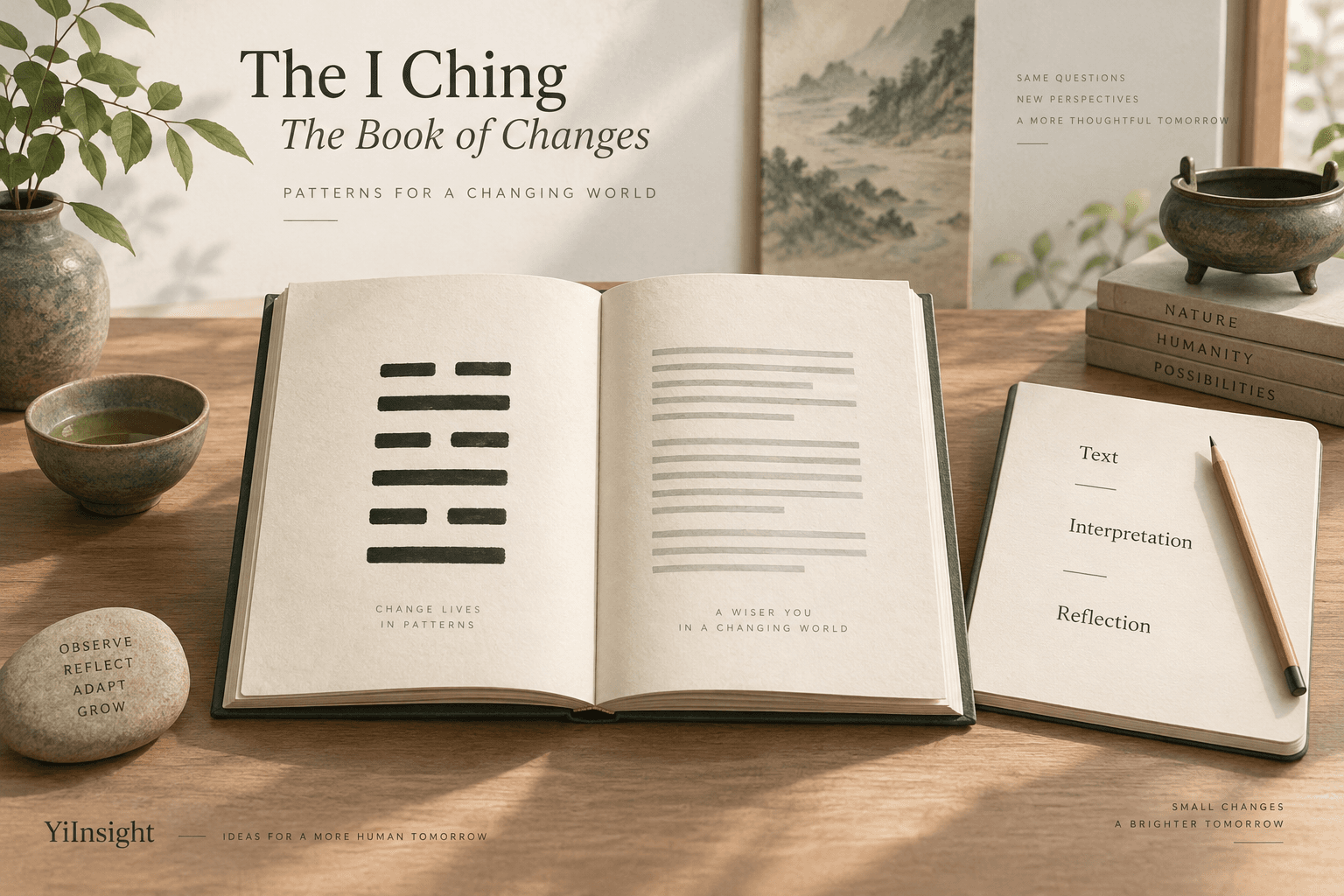 An open book with a six-line figure beside a notebook, with text, interpretation and reflection labels