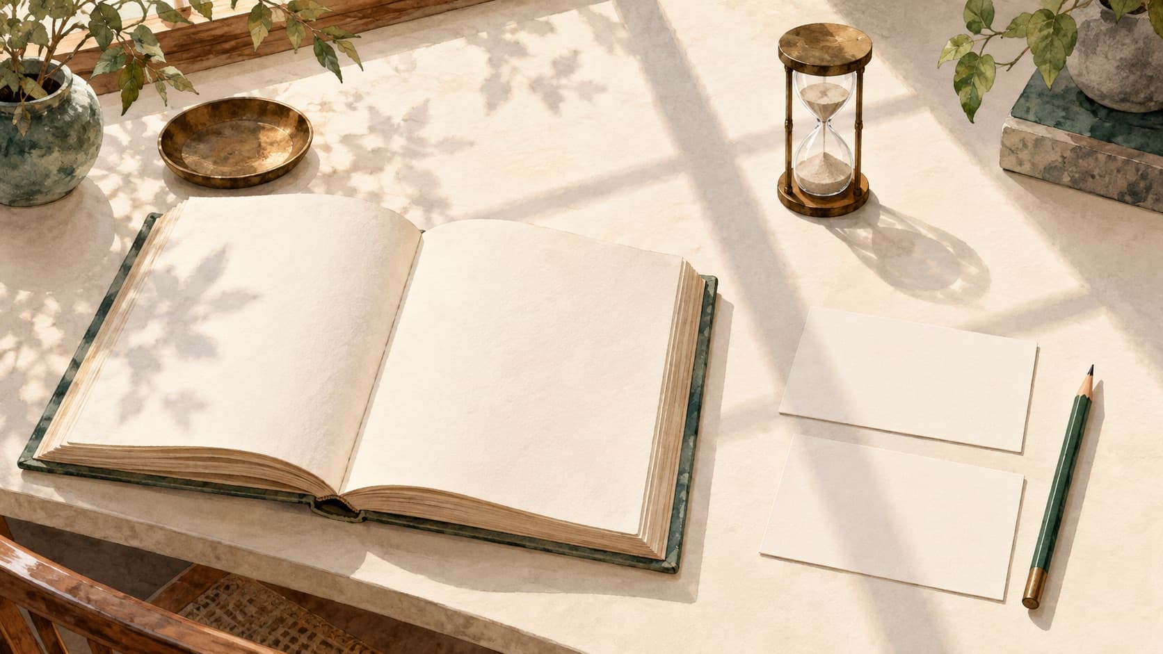 An open blank book, a sand timer and two separate blank note cards beside a jade pencil.