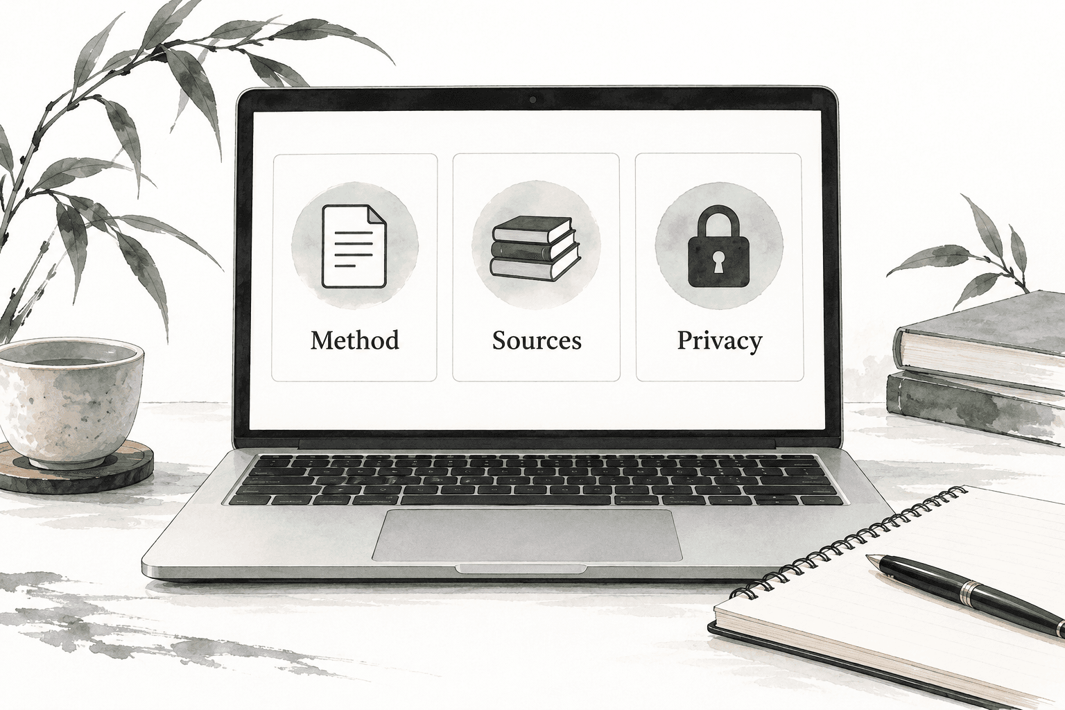 A conceptual laptop checklist with separate method, sources and privacy cards