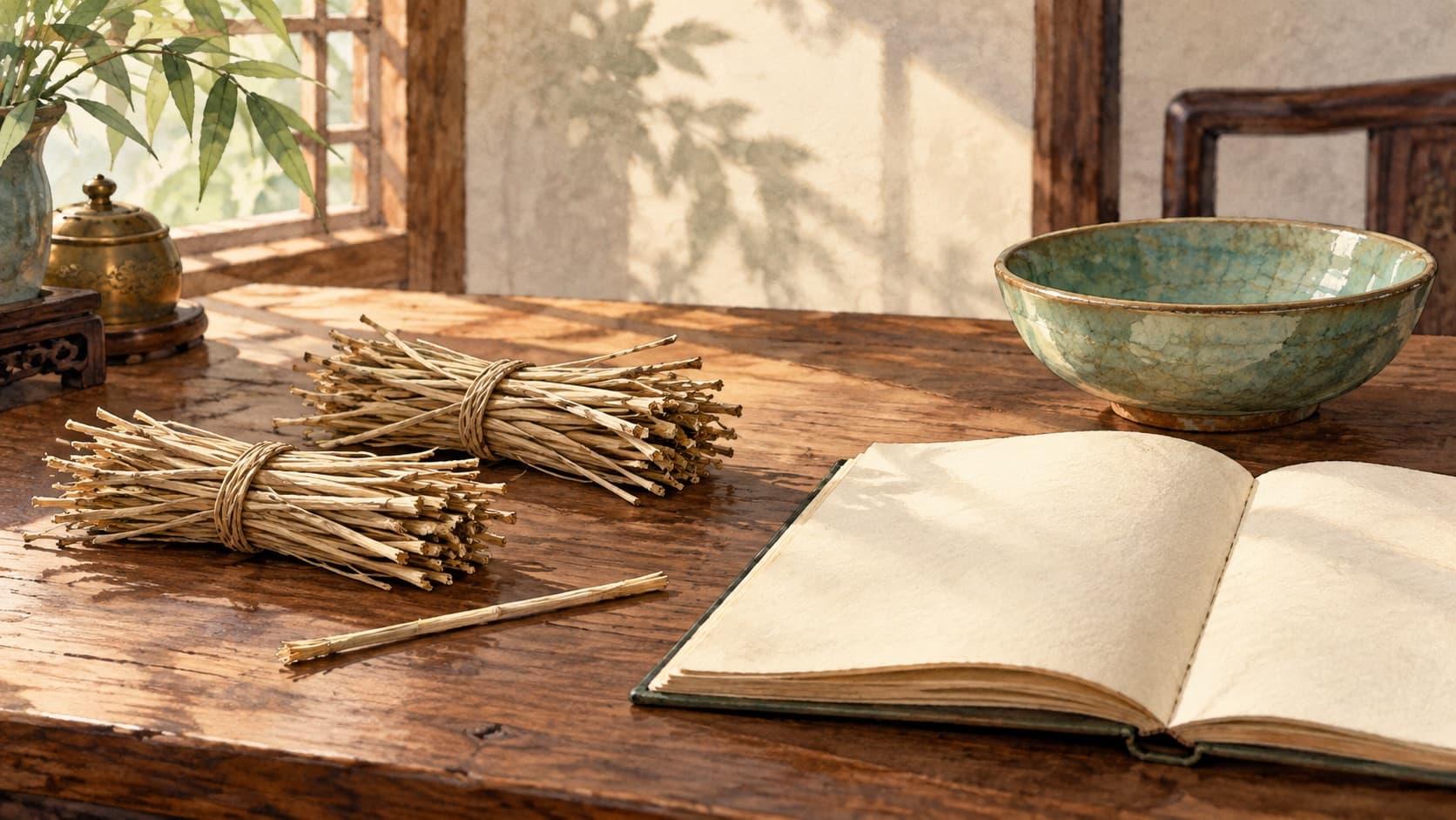 Two small bundles of dried stalks, a separate stalk and a blank notebook on a desk.