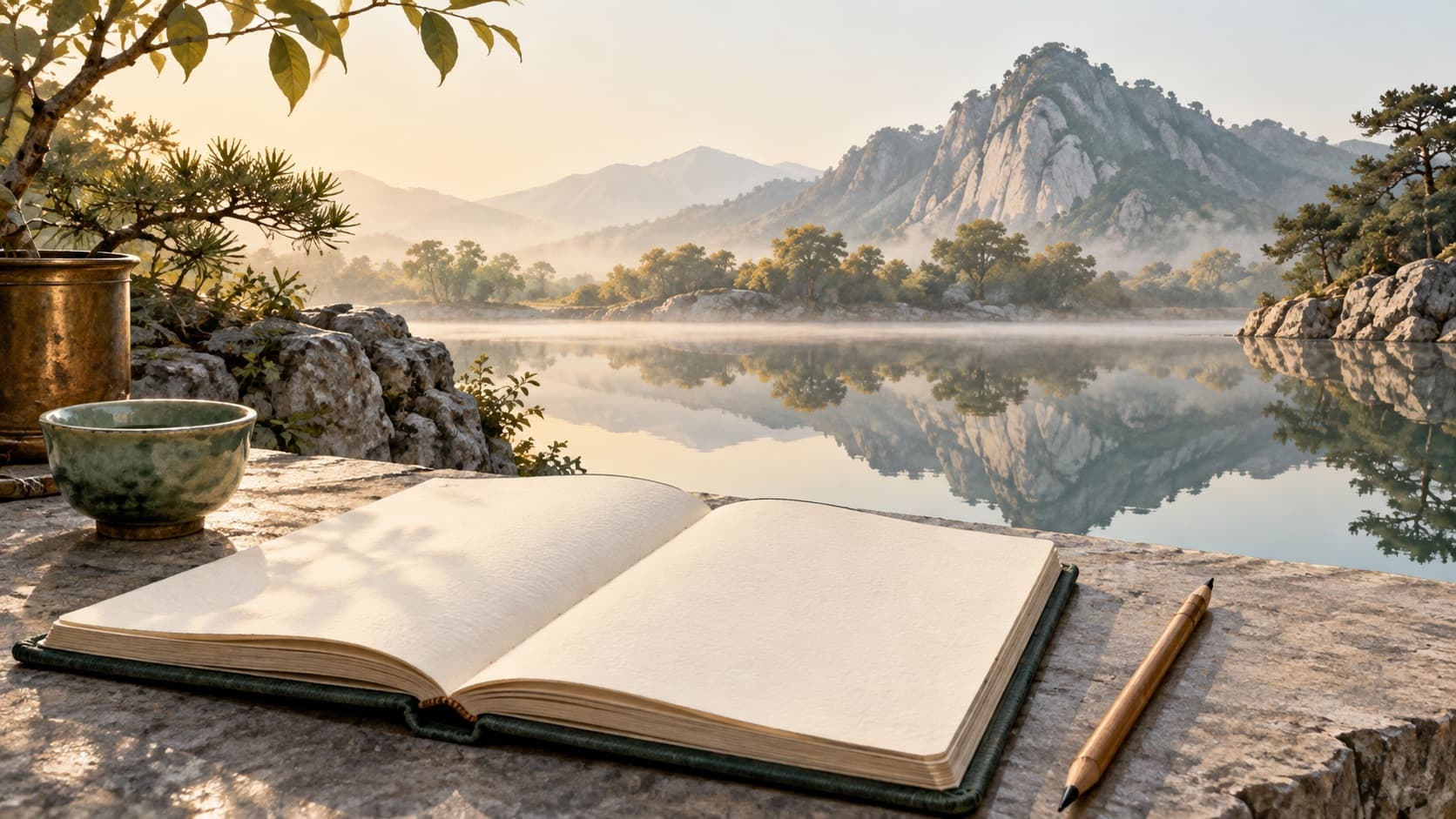 An open blank notebook and pencil beside a still mountain pool.