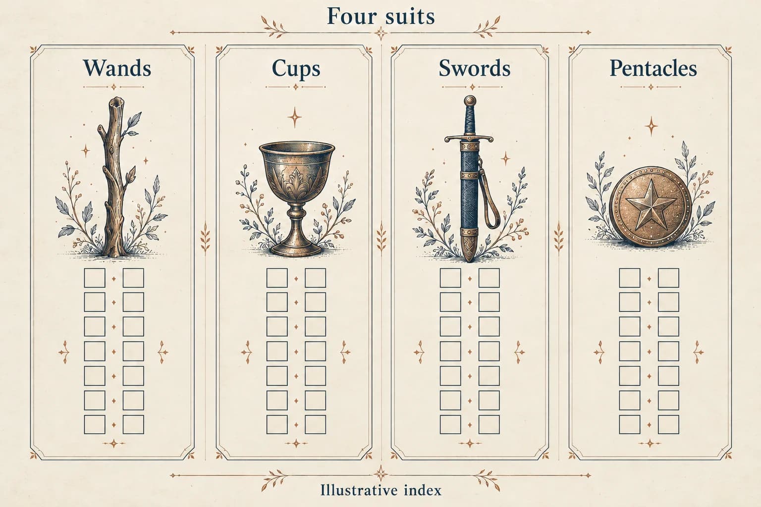 Four labeled suit panels—Wands, Cups, Swords and Pentacles—each with fourteen blank index markers