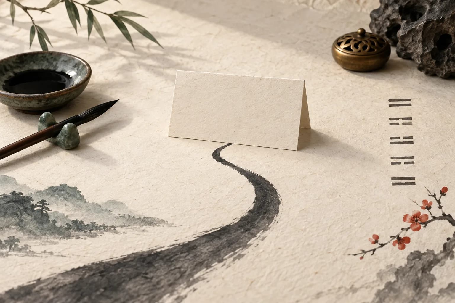 A blank paper card beside an ink brush, a winding ink path and decorative line marks