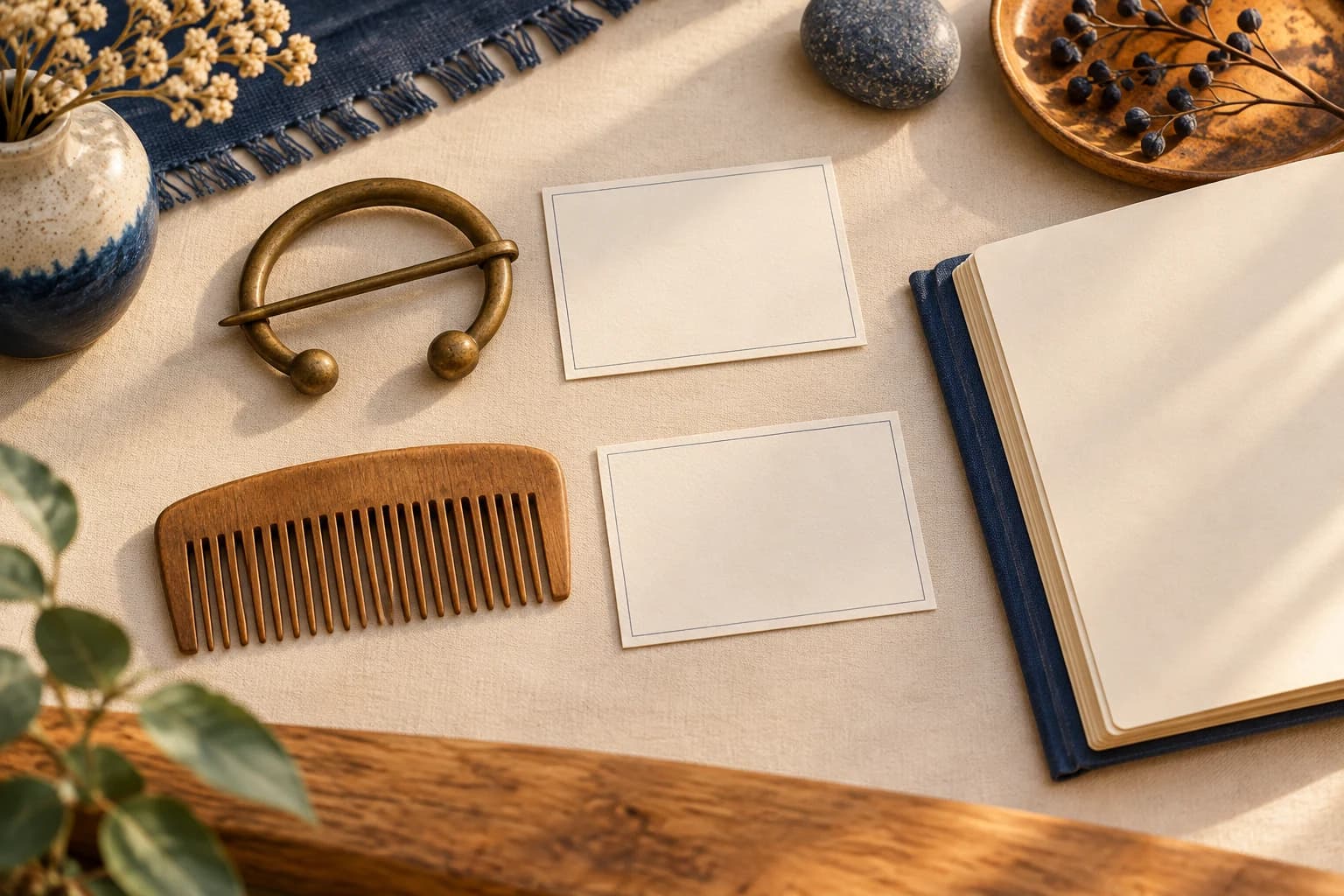 Conceptual still life of a plain ring brooch and wooden comb beside blank record cards and an open notebook