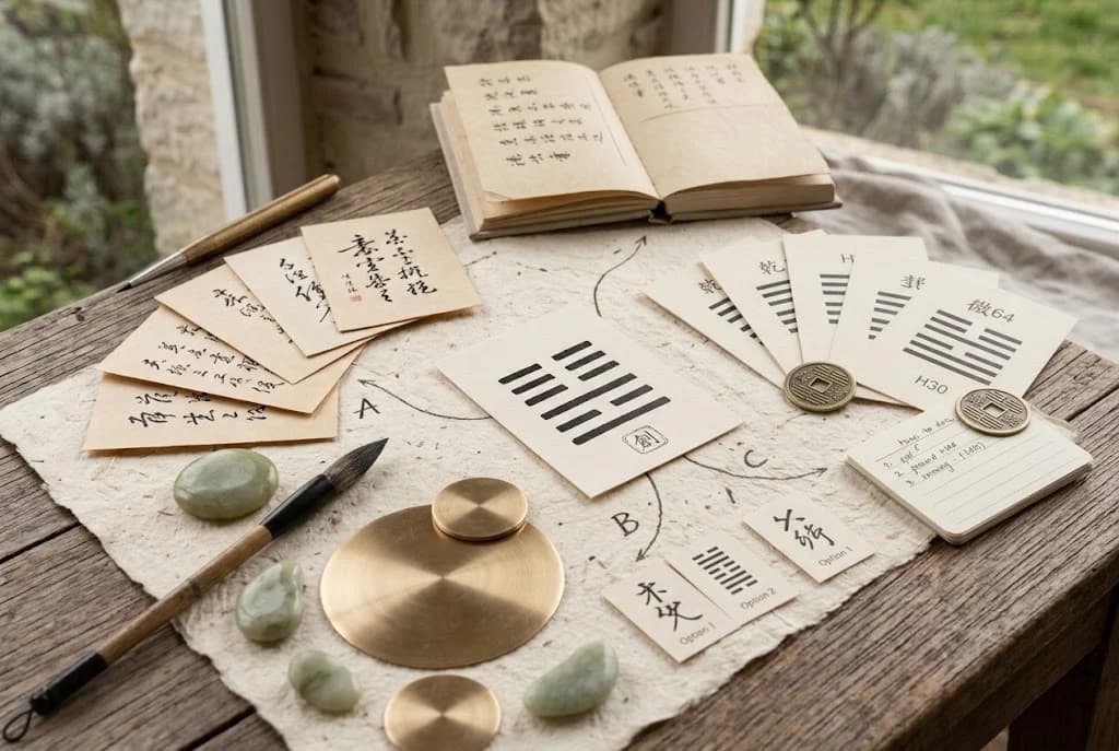 Several illustrated cards, coins, papers and a notebook arranged on a writing desk