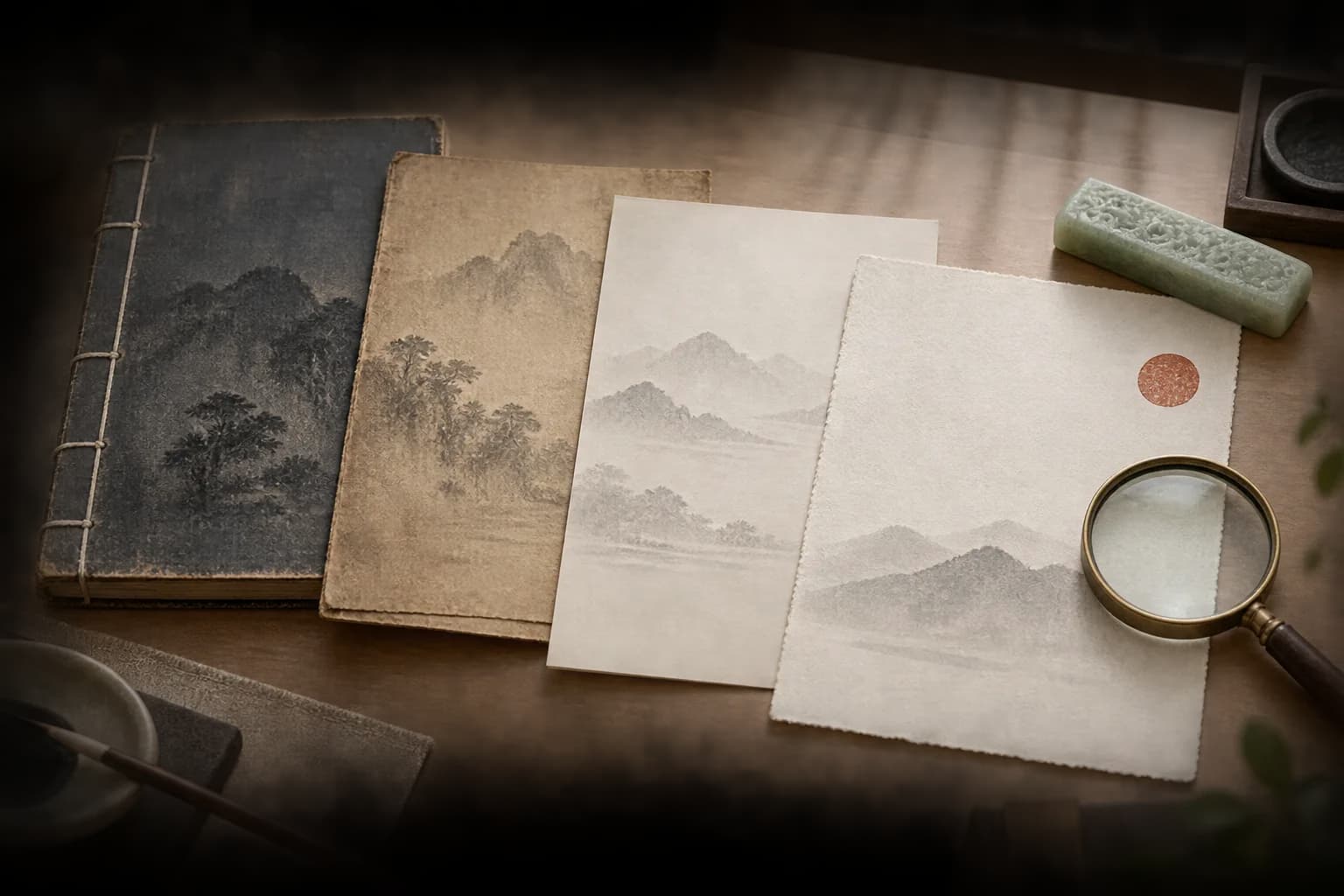 Bound volumes, layered landscape papers and a magnifying glass on a wooden desk