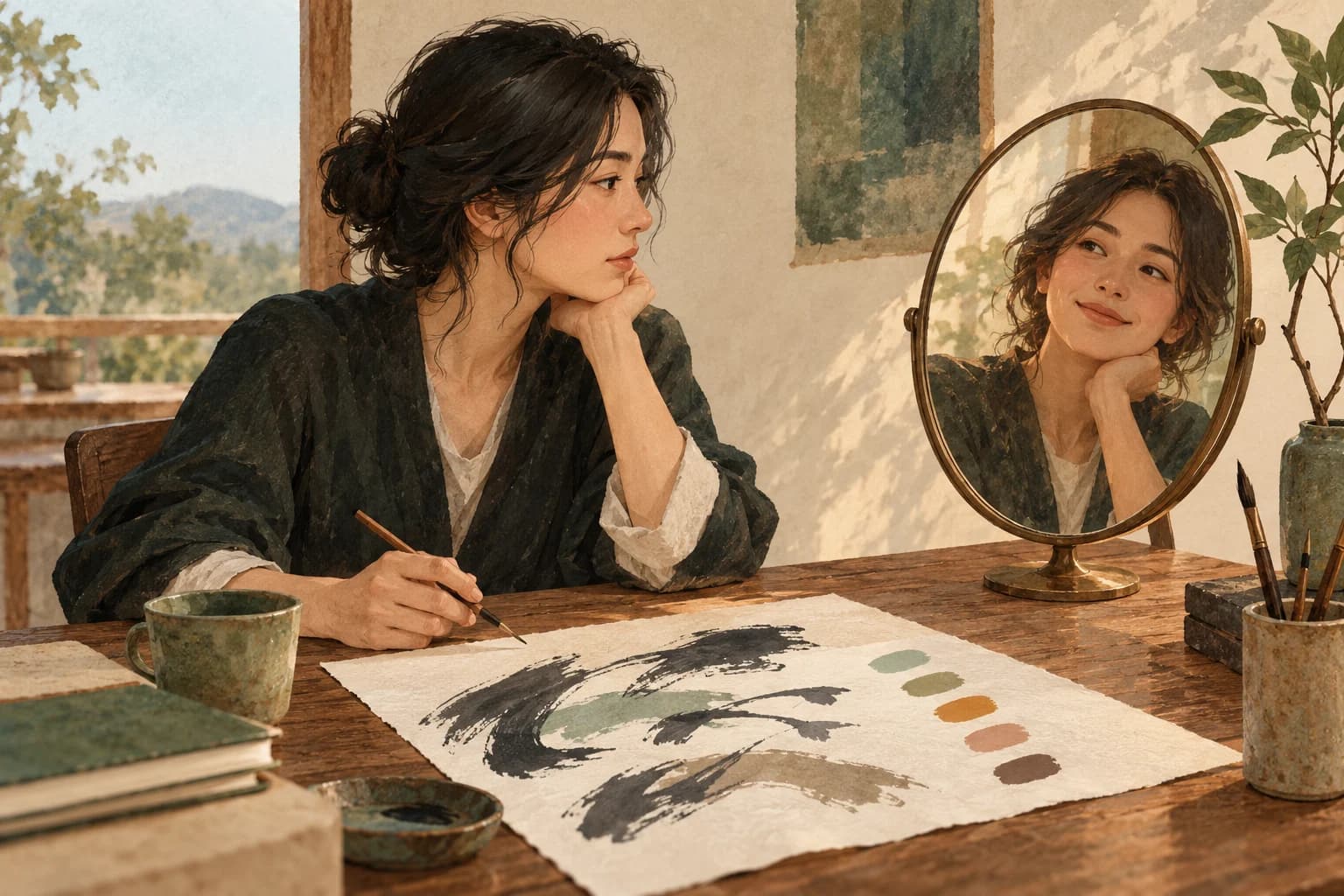 Illustration of an adult at a desk looking toward a mirror beside an ink study and five muted color swatches.