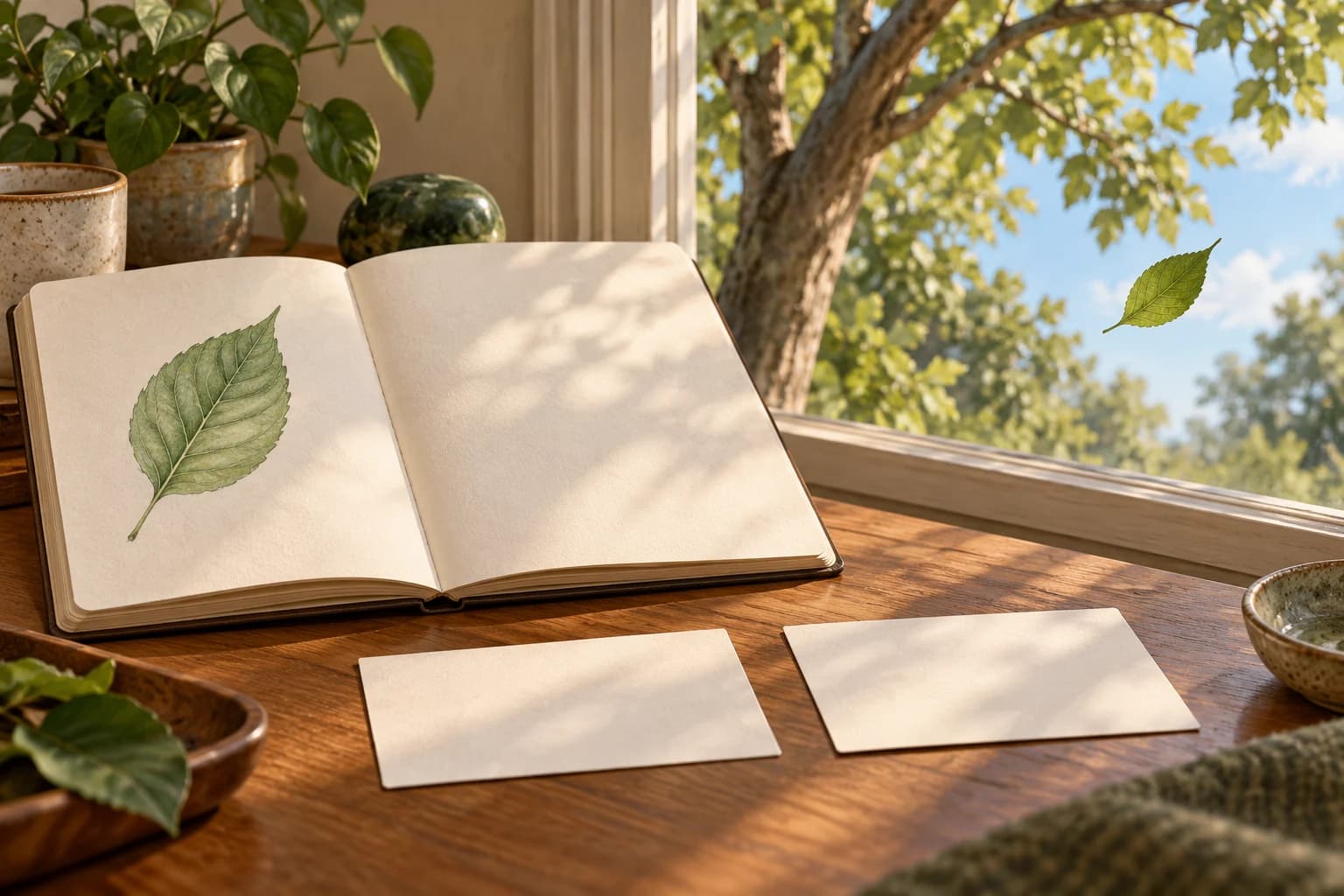 Conceptual illustration of a leaf sketched in a notebook and a leaf outside a window, with two separate blank note cards