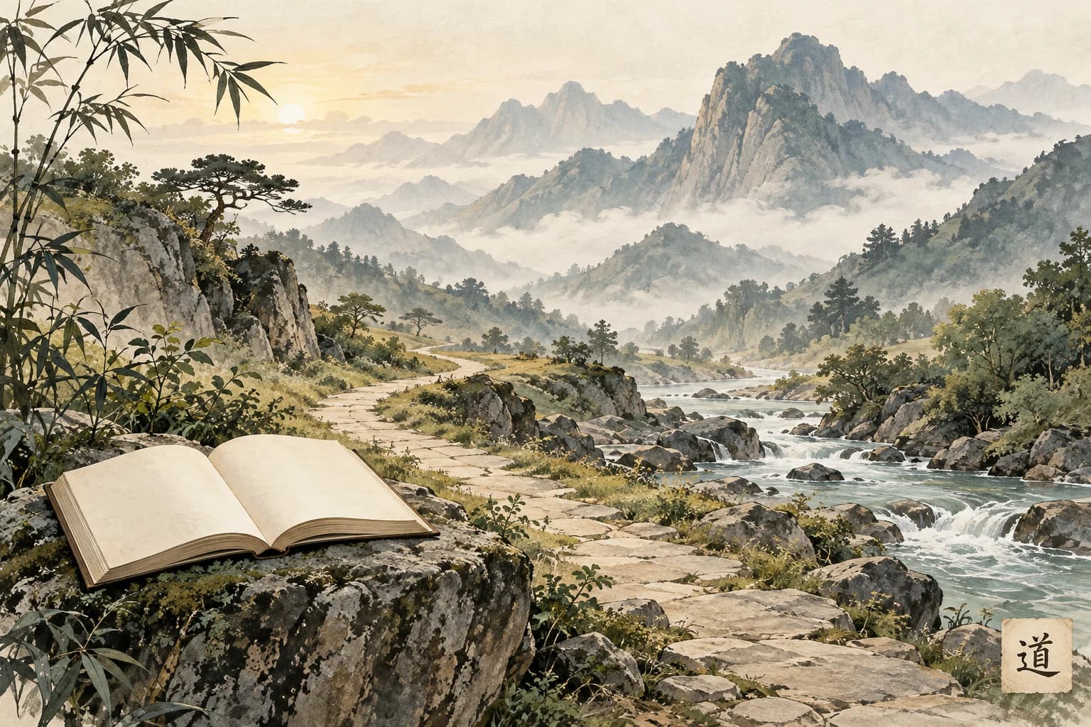 A winding mountain path beside a stream, an open blank book and a small card bearing 道