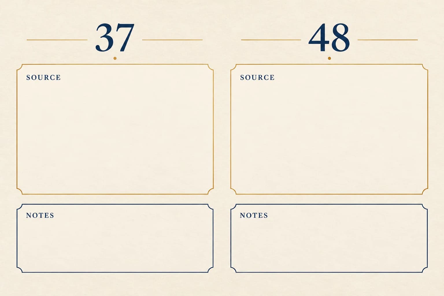 Two-column chapter worksheet numbered 37 and 48, each with separate blank Source and Notes boxes
